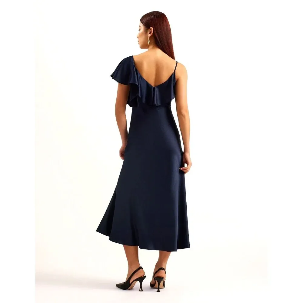 NWT Ted Baker Size 6 Keomi Navy Waterfall Ruffle Satin Bias Cut Midi Dress TB 2 - Picture 2 of 13